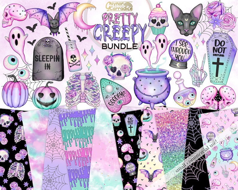 May include: A digital clipart set with a spooky, cute, and pastel aesthetic. The set includes images of a cauldron, a ghost, a bat, a skull, a pumpkin, a coffin, a spiderweb, and more. The text "Pretty Creepy Bundle" is included in the image.
