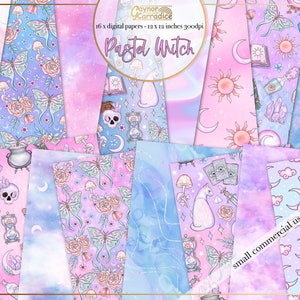Pastel Witch digital papers - 16 watercolor pastel halloween seamless patterns, magic paper pack, pastel goth  background, sky backdrops