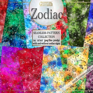 Zodiac digital papers - 24 watercolor outer space seamless patterns, galaxy paper pack, abstract background, celestial backdrop - 300 dpi