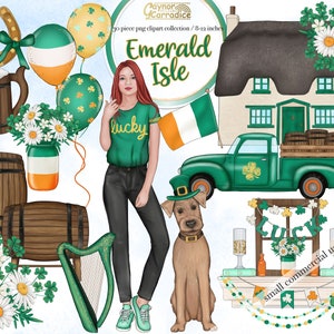 Pu&ograve; includere: Una collezione di immagini digitali con illustrazioni a tema irlandese. La collezione include una ragazza che indossa una maglietta verde con la scritta "lucky", un camion verde con barili sul cassone, un cottage con tetto di paglia, un'arpa, un ferro di cavallo, una boccale di birra, una botte, un trifoglio, un fiore e una bandiera con i colori irlandesi. Il testo "Emerald Isle" &egrave; presente nell'immagine.