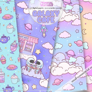 Outer space digital papers - 4 galaxy seamless patterns, coffee backgrounds paper pack, pastel space backgrounds, celestial