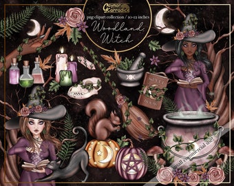 Woodland witch clipart - 41 piece halloween clipart - witchy planner clipart - pagan png graphics - forrest witch clipart - mystical artwork