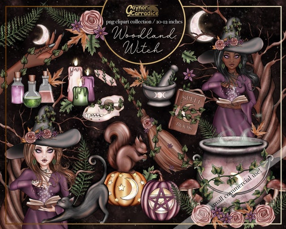 Woodland witch clipart - 41 piece halloween clipart - witchy planner clipart - pagan png graphics - forrest witch clipart - mystical artwork