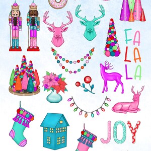 May include: A digital clipart set featuring Christmas illustrations in a bright, colorful style. The set includes images of reindeer, nutcrackers, Christmas trees, stockings, a house, a donut, a rainbow, a garland, and more. The text "Merry & Bright", "Joy", and "Fa La La" is included in the set.