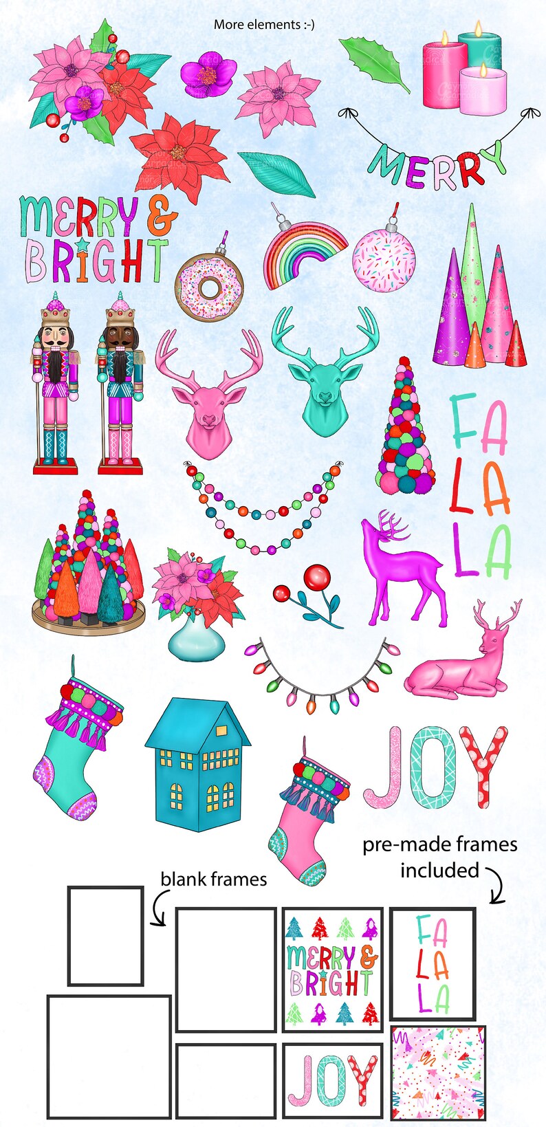 May include: A digital clipart set featuring Christmas illustrations in a bright, colorful style. The set includes images of reindeer, nutcrackers, Christmas trees, stockings, a house, a donut, a rainbow, a garland, and more. The text "Merry & Bright", "Joy", and "Fa La La" is included in the set.