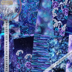 May include: A digital paper pack with 12 seamless patterns featuring a witchy theme. The patterns include blue, purple, and white colors with stars, clouds, and floral designs. The text "witch craft" is featured in a circle on the top left corner of the image.