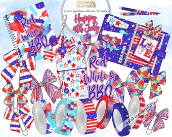 4th of July planner clipart - 21 piece independence day watercolor clip art, patriotic clipart, flatlay graphics, stationery, washi tape