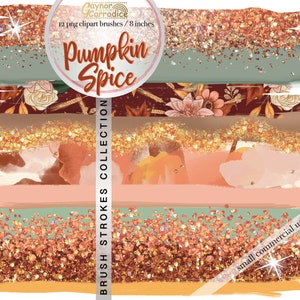 May include: A set of 12 digital brush strokes in a fall theme. The brushes feature glitter, floral patterns, and watercolor textures in shades of orange, brown, and green. The text "Pumpkin Spice" is featured in a circle at the top of the image. The text "BRUSH STROKES COLLECTION" is on the left side of the image. The text "small commercial use!" is on the right side of the image.