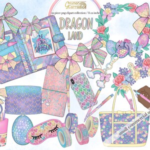 May include: A set of 22 digital clipart images featuring a dragon theme. The images include a planner, a phone case, a tote bag, a sleep mask, washi tape, bows, pens, and more. The images are in a pastel color scheme with glitter accents.