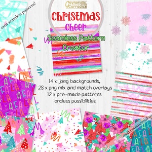 May include: A digital collage of Christmas themed seamless patterns. The patterns include snowflakes, stripes, and Christmas trees. The text "Christmas Cheer Seamless Pattern Creator" is in the centre of the image. The text "14 x jpeg backgrounds, 28 x png mix and match overlays, 12 x pre-made patterns, endless possibilities" is below the title.