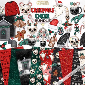 May include: A digital clipart bundle featuring a spooky Christmas theme. The bundle includes images of ghosts, skulls, skeletons, a gingerbread man, a cat, a Christmas tree, a tombstone, a candle, a candy cane, a mistletoe, a sweater, and a variety of patterns. The text "Creepmas Cheer Bundle" is featured in the image.