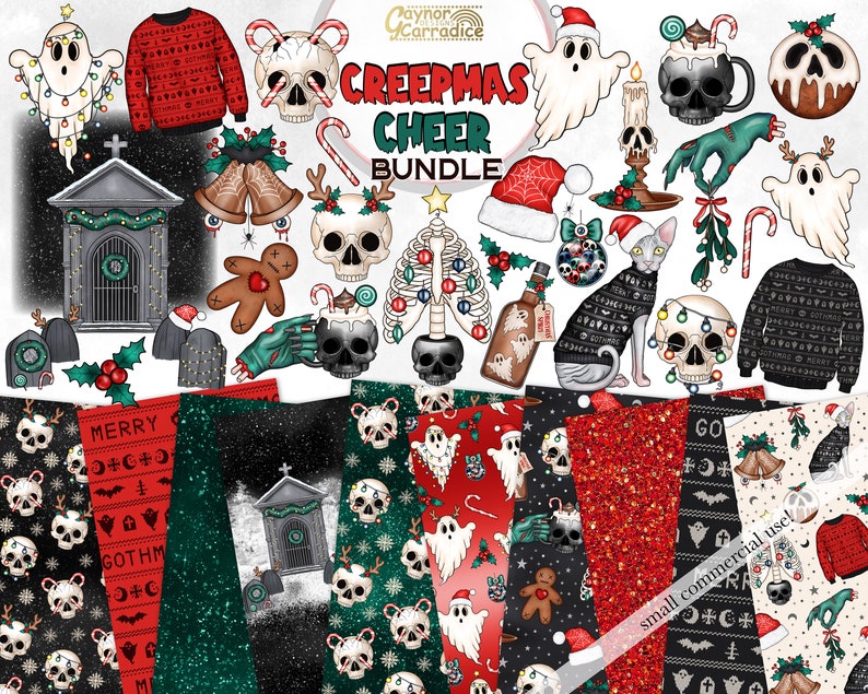 May include: A digital clipart bundle featuring a spooky Christmas theme. The bundle includes images of ghosts, skulls, skeletons, a gingerbread man, a cat, a Christmas tree, a tombstone, a candle, a candy cane, a mistletoe, a sweater, and a variety of patterns. The text "Creepmas Cheer Bundle" is featured in the image.