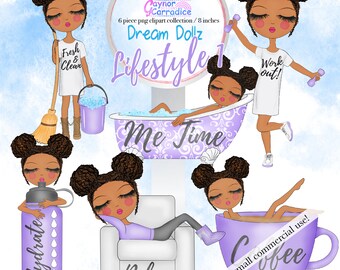 Planner graphics Brown skin girl clip art Task stickers Cleaning Me time Coffee clipart Functional stickers ECLP Reminder printable png