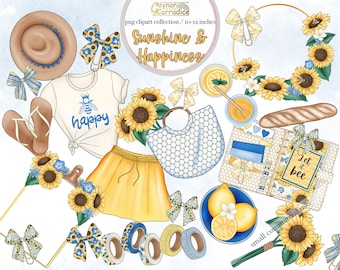 Sunshine and happiness planner clipart - 25 sunflower clipart - watercolor stationery - summer png clipart, lemon clipart, girl boss clipart