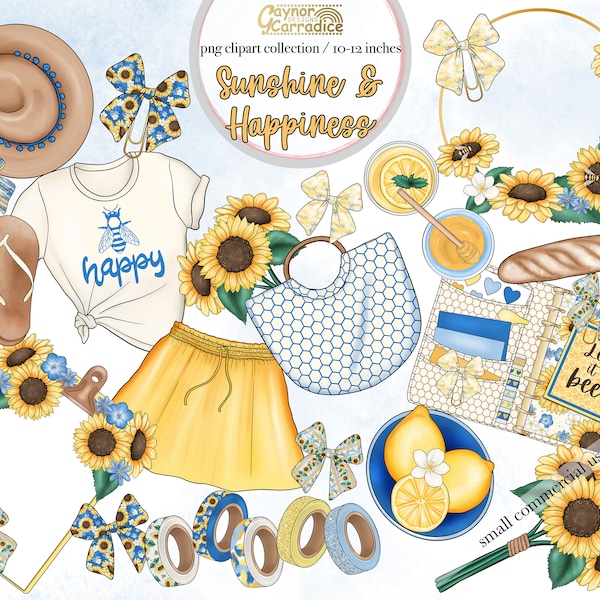 Sunshine and happiness planner clipart - 25 sunflower clipart - watercolor stationery - summer png clipart, lemon clipart, girl boss clipart