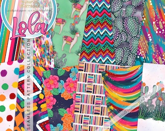 Puede incluir: Un paquete de papeles digitales con 12 patrones coloridos, que incluyen rayas, zigzags, diseños florales y formas geométricas. El paquete se titula "Lola Seamless Pattern Collection" e incluye una nota que indica que es para uso comercial pequeño.