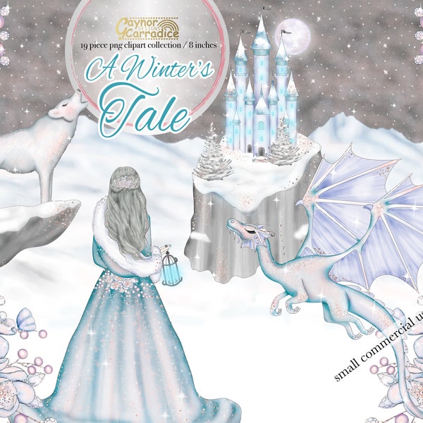 Fairy tale winter clipart - 19 piece winter princess clip arts - commercial use planner graphics - with wolf, ice palace and snow dragon