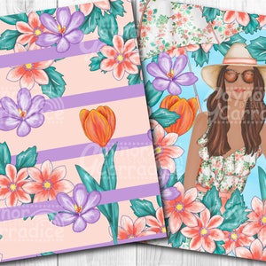 May include: A digital illustration of a woman with long brown hair wearing a white hat, sunglasses, and a floral dress. She is surrounded by pink, orange, and purple flowers on a blue background.