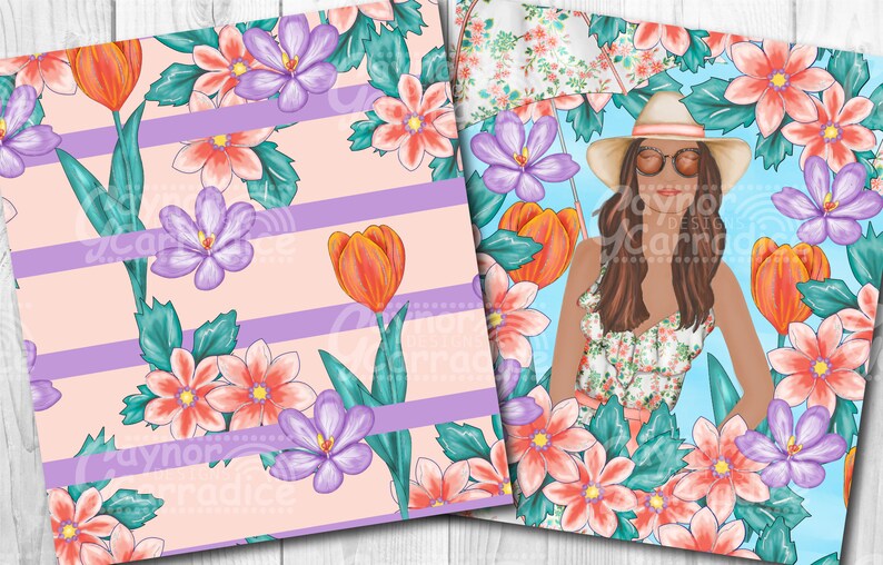 May include: A digital illustration of a woman with long brown hair wearing a white hat, sunglasses, and a floral dress. She is surrounded by pink, orange, and purple flowers on a blue background.