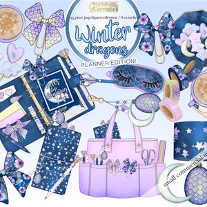 May include: A set of 25 winter-themed planner stickers featuring dragons, snowflakes, stars, and other wintery elements. The stickers are in shades of blue, purple, and white. The text "Winter Dragons Planner Edition!" is included in the image.