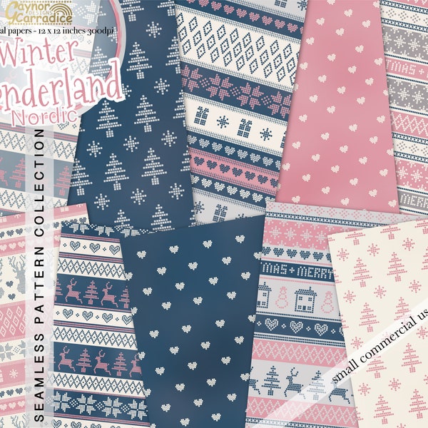 10 Nordic winter digital papers, winter seamless patterns, Christmas backdrops, Scandinavian backgrounds, planner graphics, cosy paper