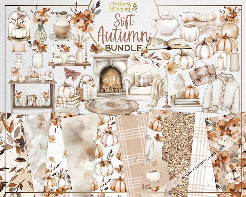 Boho Autumn Clipart Bundle - Pastel Fall Digital Paper / Fall Clipart ...