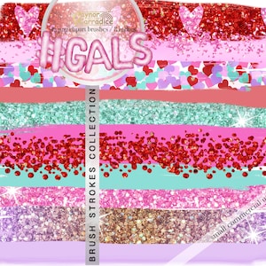 Puede incluir: Un conjunto de 12 trazos de pincel digitales en rosa, rojo y azul con purpurina y corazones. Los pinceles tienen 20,3 cm de ancho y son para uso comercial pequeño. El texto "IGALS" está en la imagen.
