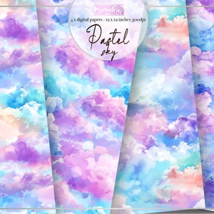 Puede incluir: Cuatro diseños de papel digital con un patrón sin costuras de nubes de color pastel. Los papeles miden 30,5 cm x 30,5 cm y 300 dpi.