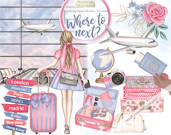Travel clipart - 22 piece planner graphics - hand painted watercolor vacation clip art - fashion illustration - wanderlust artwork 300 dpi
