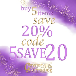 May include: Purple and gold graphic with the text "buy 5 items save 20% code 5SAVE20" and the text "Paynor Designs Carradice" in a gold circle with a rainbow.