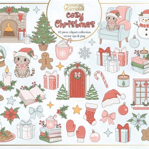 Cozy Christmas Clipart - Cute Christmas clipart bundle, winter bookish clipart, christmas cat clipart, retro christmas clipart - eps and png