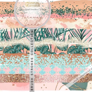 Tropical brush strokes clipart- beach paint brushes clipart, watercolor summer brush strokes, glitter brush png files, monstera png files