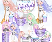 Cute girl pastel clipart, Pastel functional stickers Planner graphics Pink Lilac Rose gold Mint Blue Dream Dollz Hydrate Coffee Work out png