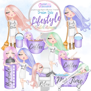 Clipart pastel de menina fofa, adesivos funcionais em pastel Gráficos de planejador Rosa Lilás Ouro rosa Menta Azul Sonho Dollz Hidratar Café Treinar png