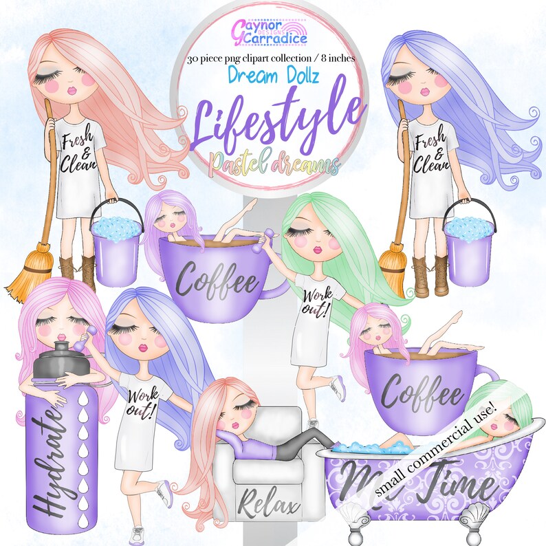 May include: A set of 30 digital clipart images featuring cute cartoon girls in pastel colors. The girls are engaged in various activities, including drinking coffee, working out, relaxing, and taking a bath. The images are perfect for creating digital planners, scrapbooking, and other creative projects.