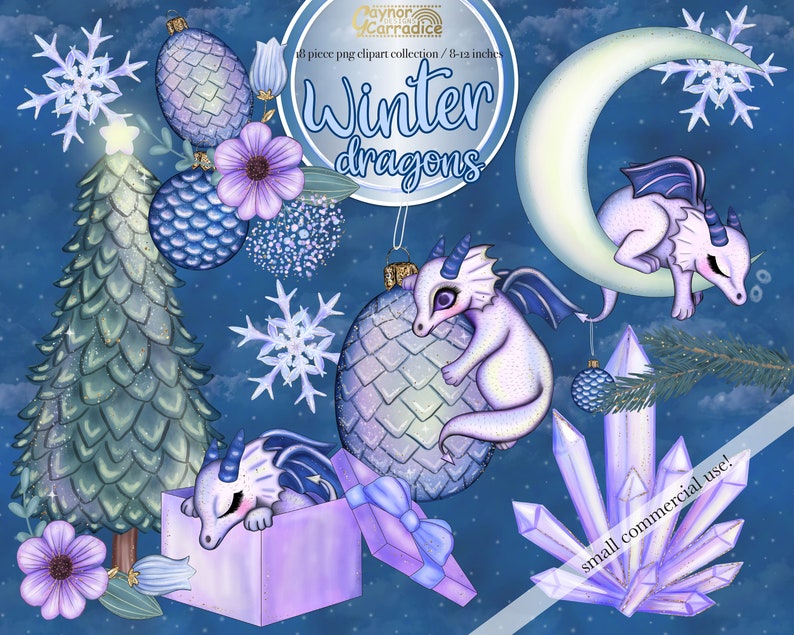 May include: A set of 18 winter-themed digital clipart images featuring dragons, snowflakes, trees, and crystals. The images are perfect for creating winter-themed crafts, cards, and other projects. The images are 8-12 inches in size.