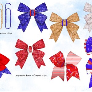 May include: A set of red, white, and blue glitter bows and clips. The bows are in various styles, including a classic bow, a striped bow, and a bow with stars. The clips are silver, gold, and red. "separate mix and match clips" and "separate bows without clips" are written on the image.