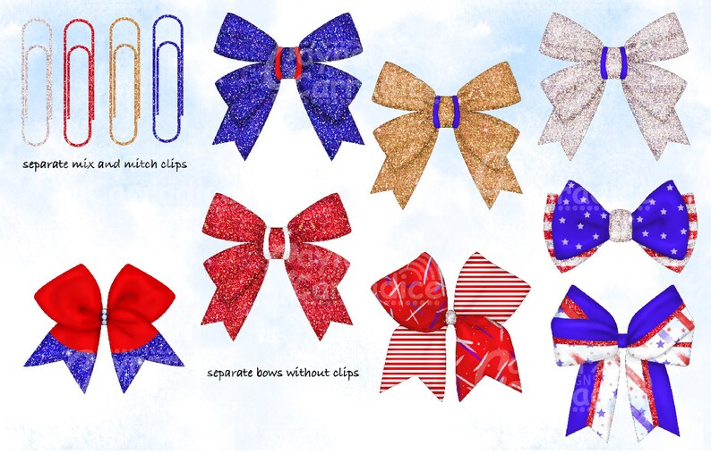 May include: A set of red, white, and blue glitter bows and clips. The bows are in various styles, including a classic bow, a striped bow, and a bow with stars. The clips are silver, gold, and red. "separate mix and match clips" and "separate bows without clips" are written on the image.