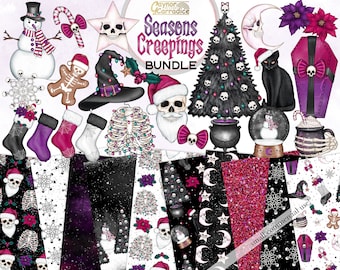 Seasons Creepings clipart bundle - Creepy Christmas digital paper / clipart bundle, goth christmas clipart, spooky gothmas seamless pattern