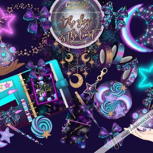 Neujahr Planer Clipart - 24 Stück Galaxie inspirierte flache Lay Grafiken - Aquarell Weltraum Clip Art, himmlische Kunstwerk - High Definition png