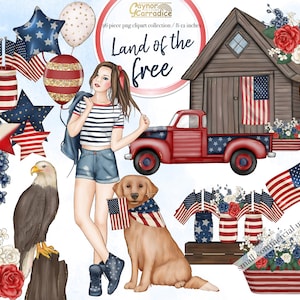 4th of July clipart - 26 piece planner clip art - watercolor independence day graphics - red, white and blue patriotic png images - 300dpi