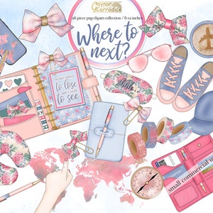 Urlaubsplaner Clipart - 26 Stück Reise inspirierte flache Lay Grafik - Aquarell Briefpapier - Washi Tape, Schleifenclips, Karte, Kaffee - 300dpi