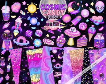 Cosmic Candy clipart bundle - candy space digital paper and clipart bundle, pastel goth clipart, cute outer space clipart seamless pattern