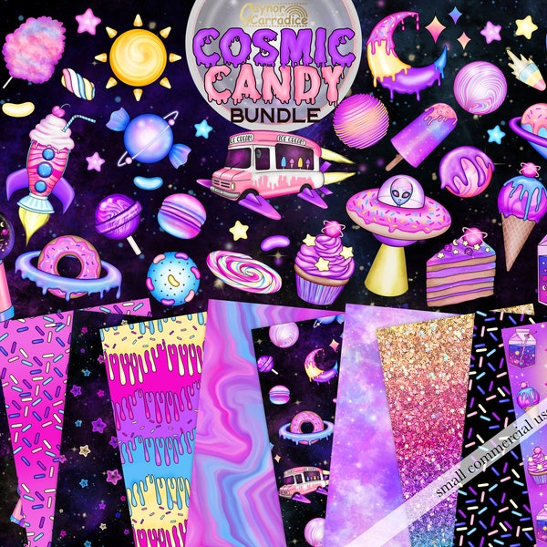 Cosmic Candy clipart bundle - candy space digital paper and clipart bundle, pastel goth clipart, cute outer space clipart seamless pattern
