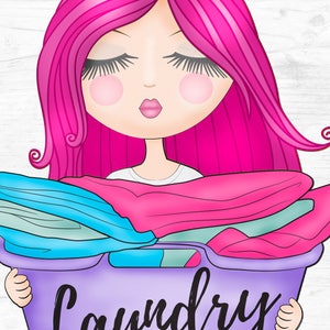 May include: A cartoon illustration of a girl with pink hair holding a purple laundry basket with the word "Laundry" written on it. The basket is filled with folded clothes in shades of blue and pink.
