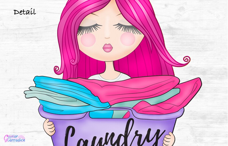 May include: A cartoon illustration of a girl with pink hair holding a purple laundry basket with the word "Laundry" written on it. The basket is filled with folded clothes in shades of blue and pink.