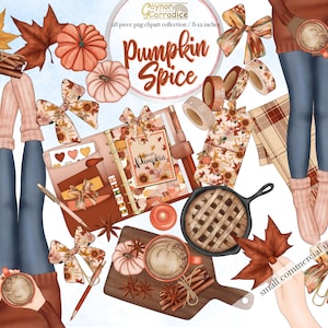 Fall planner clipart - 28 piece Autumn inspired flat lay graphics - watercolor stationery - bow clips, pumpkin pie, coffee - 300dpi png