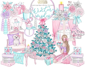 Pink Christmas clipart - 32 piece girly winter planner clip art - hand painted watercolor graphics - fashion illustration artwork - png