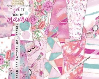 May include: A collection of 12 digital papers with a seamless pattern design. The papers feature a variety of pink, rose, and teal watercolor textures, geometric shapes, and floral and makeup illustrations. The text "I got it from my mama" is visible.