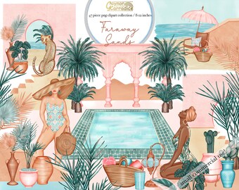 Può includere: Un'illustrazione digitale di una scena di piscina di ispirazione marocchina con palme, una piscina e due donne in costume da bagno. Il testo "Faraway Sands" è scritto in un font decorativo sopra la piscina. L'immagine fa parte di una collezione di 47 immagini clipart.